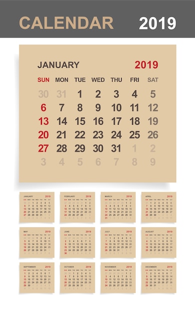 Calendar 2019 on brown paper.