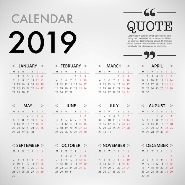 Calendar for 2019 on grey background 