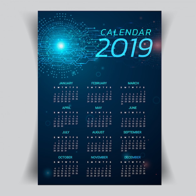 Calendar 2019 year with abstract technology background.