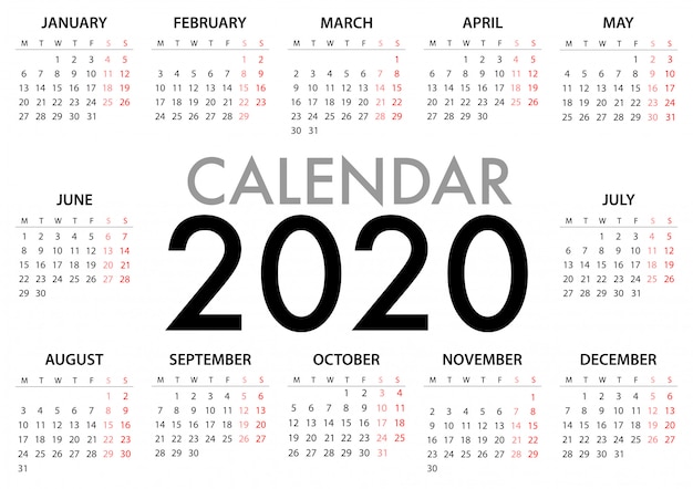 Calendar for 2020 Week Starts Monday. Simple design Template