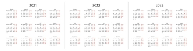 Calendar for 2021 2022 and 2023 year Months and weeks vector template