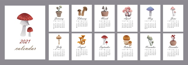 Calendar 2021, design with mushrooms from 12 months