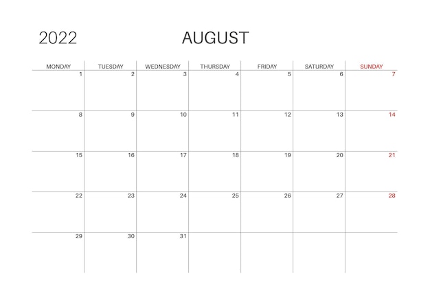 Calendar 2022. August month. Monday week start. Printable calendar template for planners. Week number. Minimalist style.