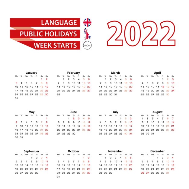 Calendar 2022 in English language with public holidays of the United Kingdom in year 2022.