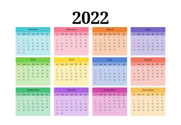 Calendar for 2022 isolated on a white background. Sunday to Monday, business template. Vector illustration