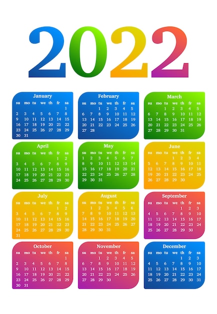 Calendar for 2022 isolated on a white background. Sunday to Monday, business template. Vector illustration