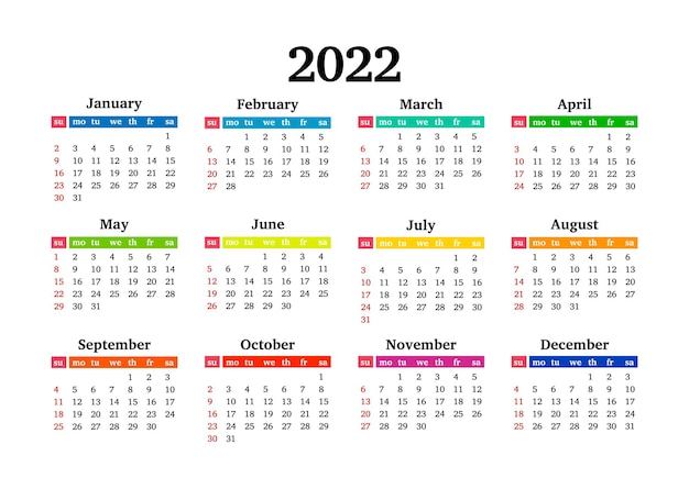 Calendar for 2022 isolated on a white background. Sunday to Monday, business template. Vector illustration