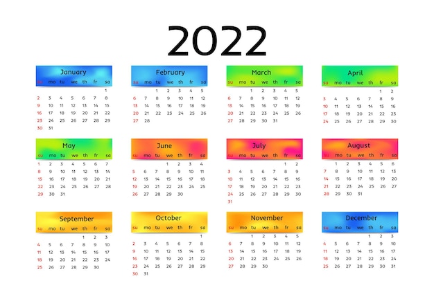 Calendar for 2022 isolated on a white background. Sunday to Monday, business template. Vector illustration