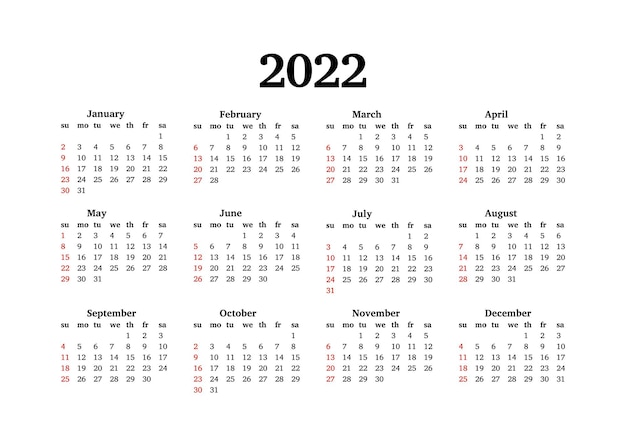 Calendar for 2022 isolated on a white background. Sunday to Monday, business template. Vector illustration