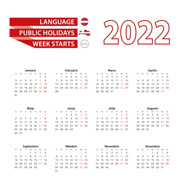 Calendar 2022 in Latvian language with public holidays the country of Latvia in year 2022.