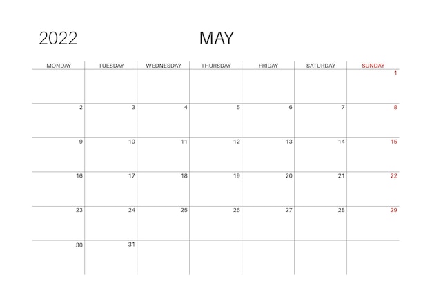 Calendar 2022. May month. Monday week start. Printable calendar template for planners. Week number. Minimalist style.