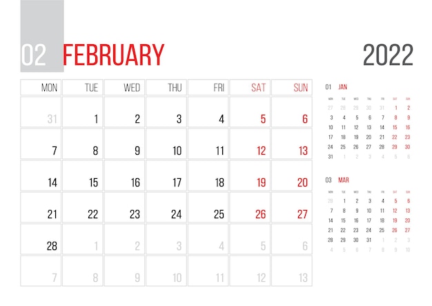 Calendar 2022 planner corporate template design February month Week starts on Monday Basic grid