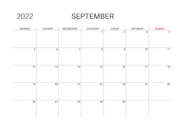 Calendar 2022. September month. Monday week start. Printable calendar template for planners. Week number. Minimalist style.