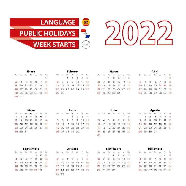 Calendar 2022 in Spanish language with public holidays the country of Paraguay in year 2022.