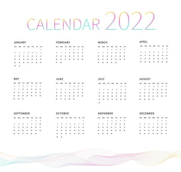 Calendar 2022 template Minimal design Abstract colorful line background