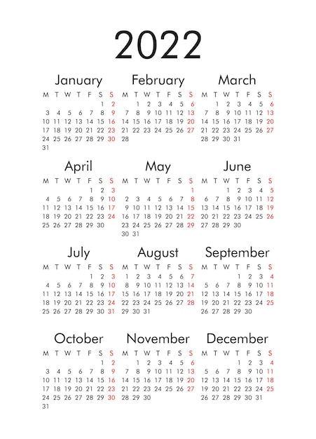 Calendar for 2022 the week starts on Monday basic business template vector illustration