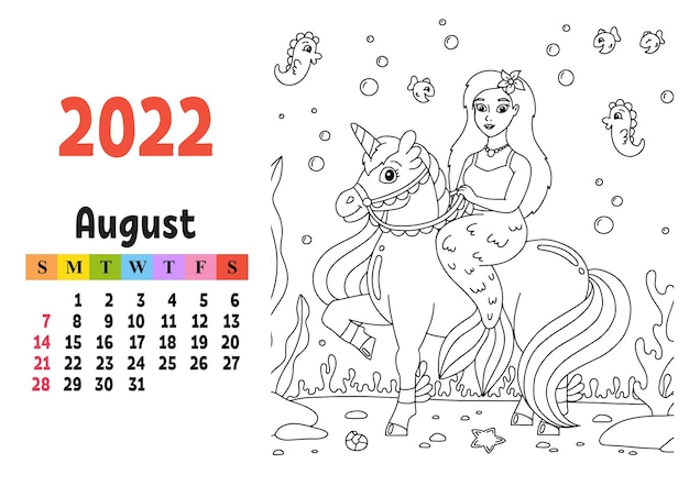 Calendar for 2022 with a cute character. Fairy unicorn. Coloring page. Fun and bright design. Isolated color vector illustration. cartoon style.