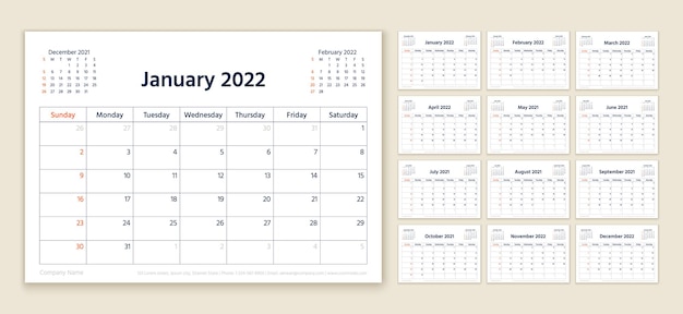 Calendar 2022 year. Planner template. Week starts Sunday. Vector. Yearly organizer.