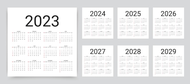 Calendar for 2023 2024 2025 2026 2027 2028 2029 year Vector illustration Template year planner