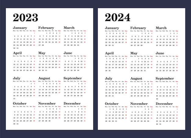 Calendar 2023 and 2024 week starts on Monday basic business template vector illustration