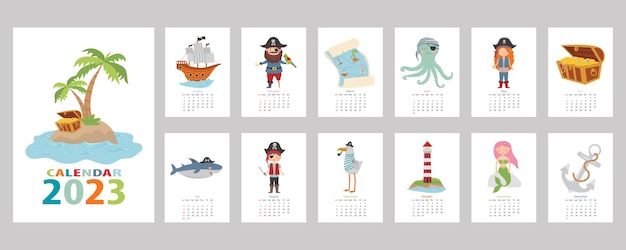 Calendar 2023 Children's colorful calendar with a pirate design Pirate treasure island shark