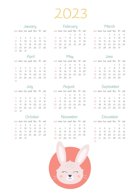 Calendar 2023 design template with cute rabbit. Year of the Rabbit. Sunday start calendar.