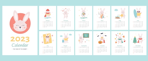 Calendar 2023 design template with cute rabbits. Year of the Rabbit. Collection of 12 templates