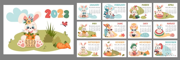 Calendar 2023 for each month Horizontal planner with cute bunny in different seasons Cartoon character rabbit as symbol of new year Week starts on Monday Vector flat illustration