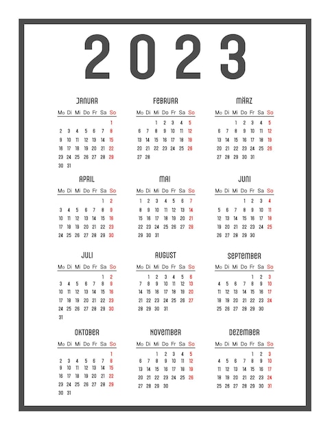 Calendar of 2023 in German. Week start Monday