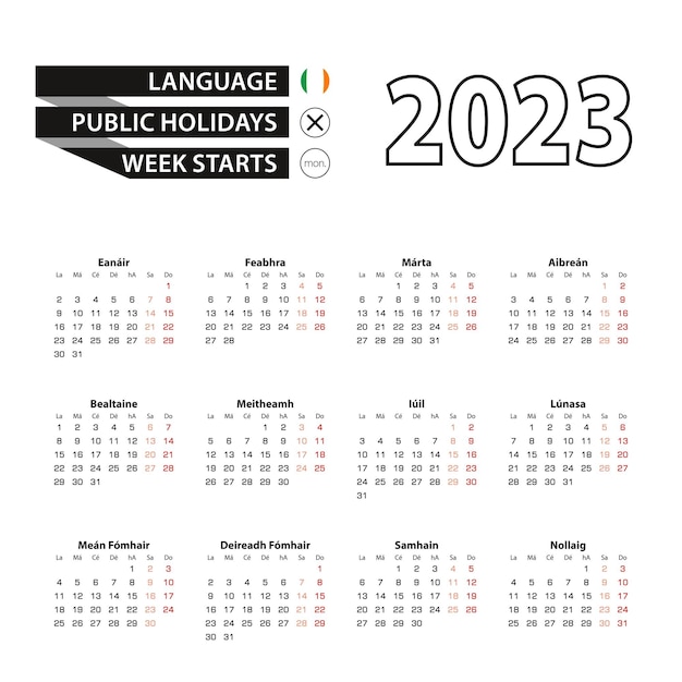 Calendar 2023 in Irish language week starts on Monday