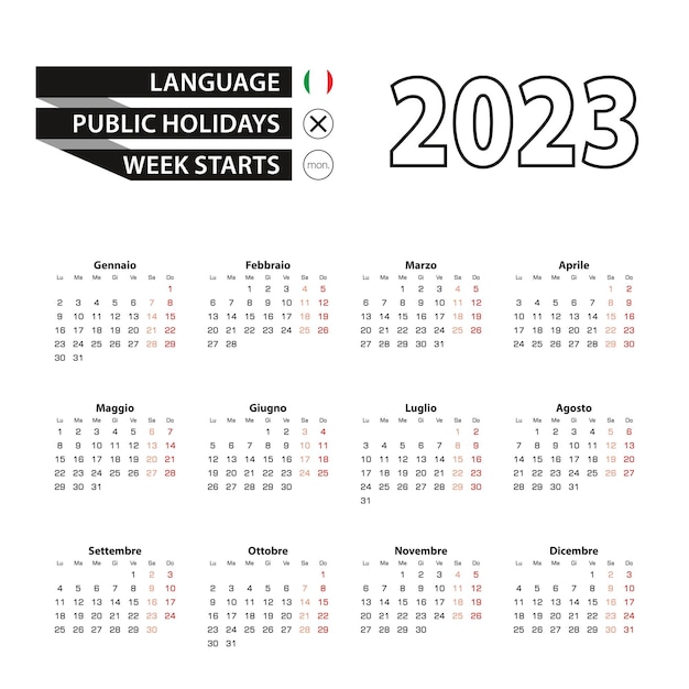 Calendar 2023 in Italian language week starts on Monday