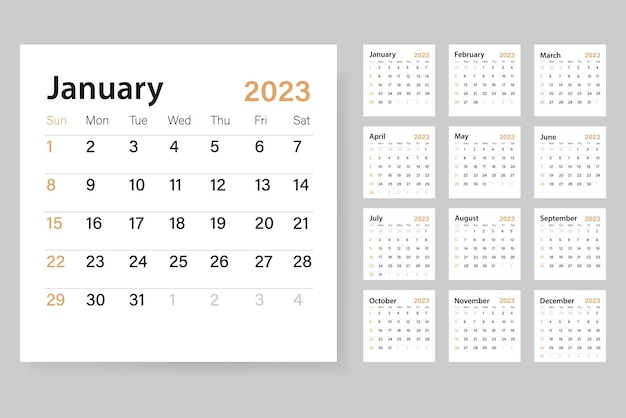 Calendar for 2023 on a light gray background. Vector illustration