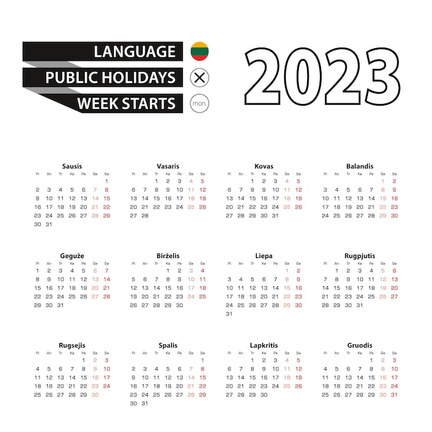 Calendar 2023 in Lithuanian language week starts on Monday