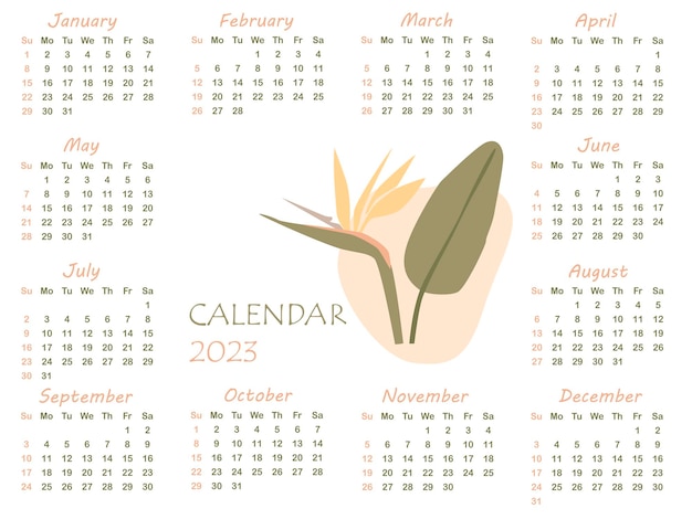 Calendar 2023 Minimalistic calendar with strelitzia flower Week starts on Sunday vector illustration