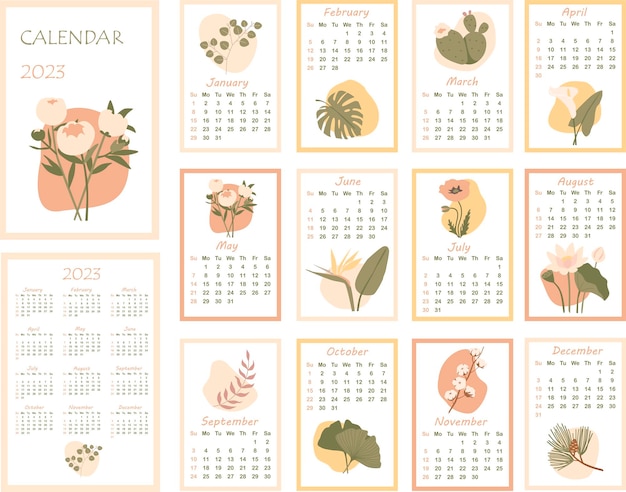 Calendar 2023 Minimalistic monthly calendar with various plants Cover and 12 monthly pages