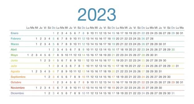 Calendar for 2023 in Spanish language The week starts on Monday