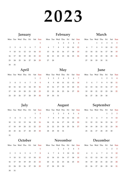 Calendar 2023 week starts on Monday basic business template vector illustration