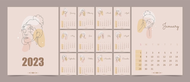 Calendar 2023 with abstract women faces in one line style Week starting on sunday