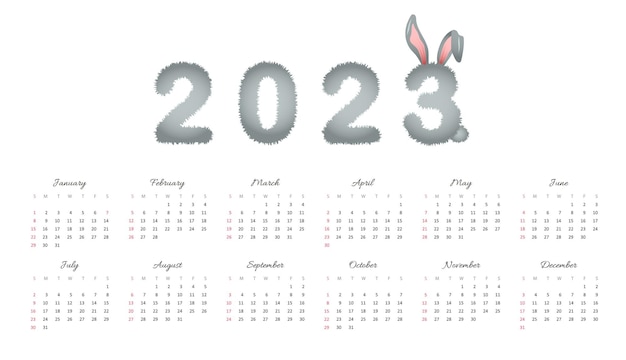 Calendar 2023 with bunny ears Year of rabbit Week starting on sunday