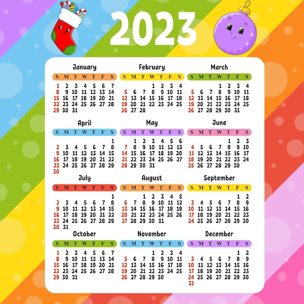 Calendar for 2023 with a cute character Fun and bright design Cartoon style