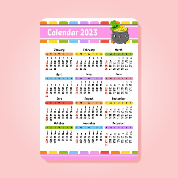 Calendar for 2023 with a cute character Fun and bright design Pocket size cartoon style