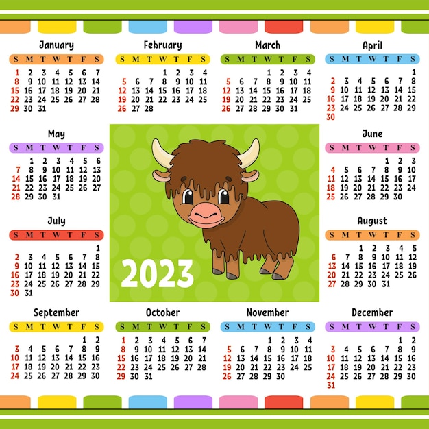 Calendar for 2023 with a cute character Fun and bright design