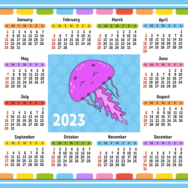 Calendar for 2023 with a cute character Fun and bright design