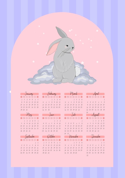 Calendar 2023 with cute rabbits children s poster Year of the cat and rabbit Symbol of 2023