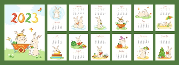 Calendar 2023 with rabbit planner organizer covers 12 pages bunny character mascot year cartoon hare