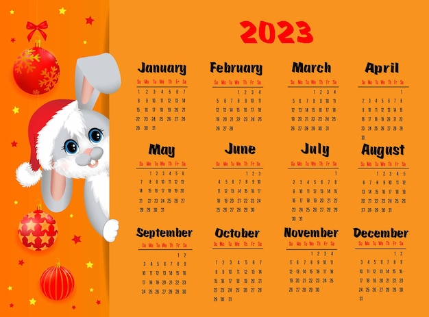 Calendar 2023 with symbol of the year hare or rabbit Cute little hare or rabbit sitting in christmas hat Week starts on Sunday