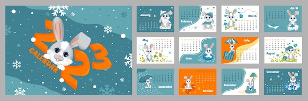 Calendar 2023 with symbol of the year hare rabbit Cute little harerabbit in cartoon style Week starts on Sunday