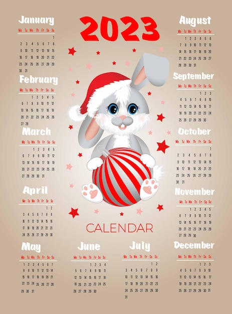 Calendar 2023 with symbol of the year hare rabbit Cute little harerabbit sitting with christmas ball Week starts on Monday