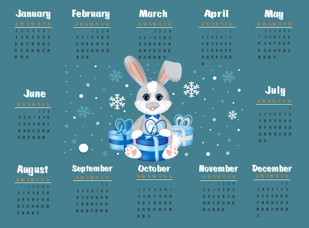 Calendar 2023 with symbol of the year hare rabbit Week starts on Sunday