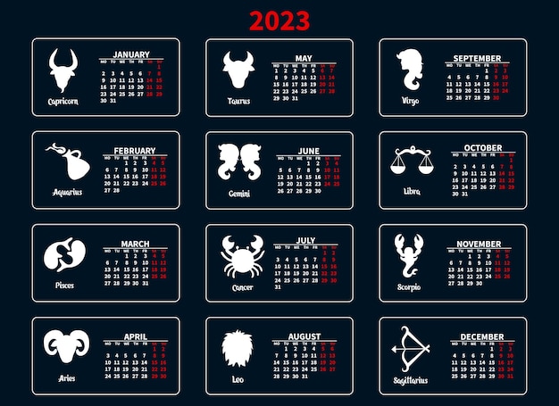 Calendar 2023 with zodiac signs on a blue background. Astrological calendar Print, illustration